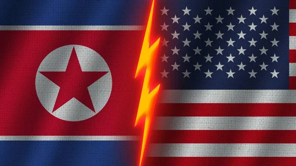 Estados Unidos América Corea Del Norte Banderas Juntas Efecto Textura — Foto de Stock