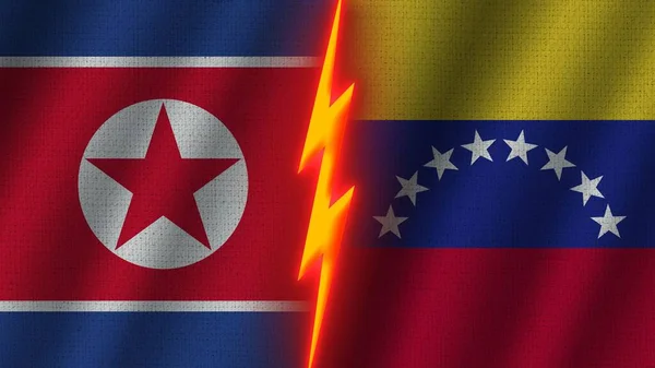 委内瑞拉和朝鲜国旗在一起 瓦伊织物纹理效果 霓虹灯效果 闪光雷声图标 危机概念 3D插图 — 图库照片