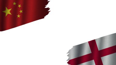 İngiltere ve Çin Bayrakları Birlikte, Dalgalı Kumaş Doku Efekti, Eskimiş Yırtık Yırtık, Kriz Konsepti, 3 boyutlu İllüstrasyon