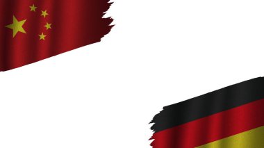 Almanya ve Çin Bayrakları Birlikte, Dalgalı Kumaş Doku Efekti, Eskimiş Yırtık Yırtık, Kriz Konsepti, 3 boyutlu İllüstrasyon