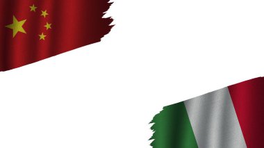 İtalya ve Çin Bayrakları Birlikte, Dalgalı Kumaş Doku Efekti, Eskimiş Yırtık Yırtık, Kriz Konsepti, 3D İllüstrasyon