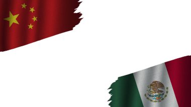 Meksika ve Çin Bayrakları Birlikte, Dalgalı Kumaş Doku Efekti, Eskimiş Yırtık Yırtık, Kriz Konsepti, 3 boyutlu İllüstrasyon