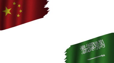Suudi Arabistan ve Çin Bayrakları Birlikte, Dalgalı Kumaş Doku Efekti, Eskimiş Yırtık Havası, Kriz Konsepti, 3D İllüstrasyon