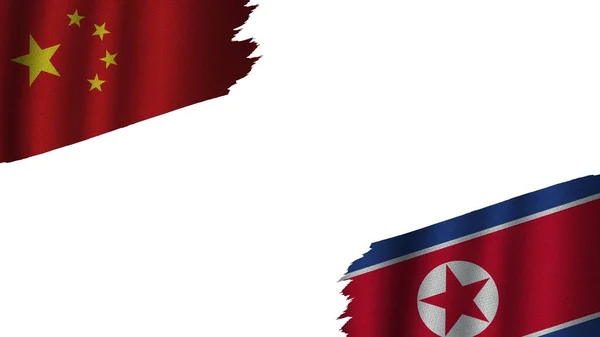 North Korea China Flags Together Wavy Fabric Texture Effect Obsolete — Stock Photo, Image