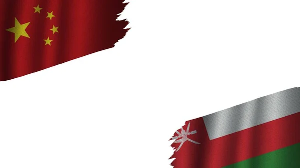 Oman China Flags Together Wavy Fabric Texture Effect Obsolete Torn — 스톡 사진