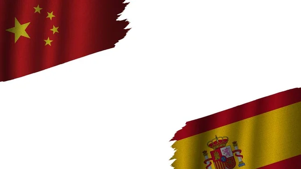 Espanha China Bandeiras Juntas Efeito Textura Tecido Ondulado Obsoleto Rasgado — Fotografia de Stock