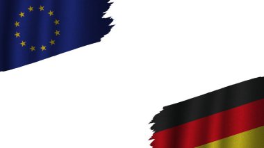 Almanya ve Avrupa Birliği Bayrakları Birlikte, Dalgalı Kumaş Doku Efekti, Eskimiş Yırtık, Kriz Konsepti, 3D İllüstrasyon