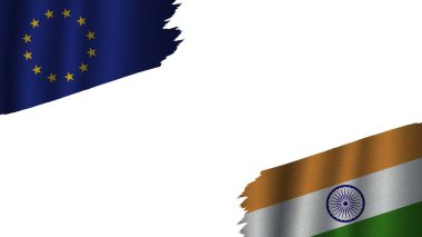 Hindistan ve Avrupa Birliği Bayrakları, Dalgalı Kumaş Doku Efekti, Eskimiş Yırtık Hava, Kriz Konsepti, 3D İllüstrasyon