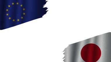 Japonya ve Avrupa Birliği Bayrakları Birlikte, Dalgalı Kumaş Doku Efekti, Eskimiş Yırtık Yırtık, Kriz Konsepti, 3D İllüstrasyon