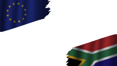 Güney Afrika ve Avrupa Birliği Bayrakları, Dalgalı Kumaş Doku Efekti, Eskimiş Yırtık Hava, Kriz Konsepti, 3D İllüstrasyon