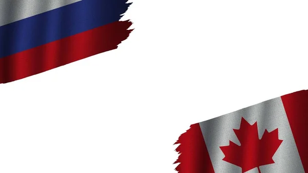 Canada Rusland Samen Vlaggen Golvend Textiel Effect Verouderd Verscheurd Weer — Stockfoto