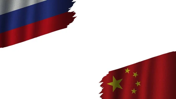 China Und Russland Flaggen Zusammen Wellige Textur Veraltete Zerrissene Verwitterung — Stockfoto