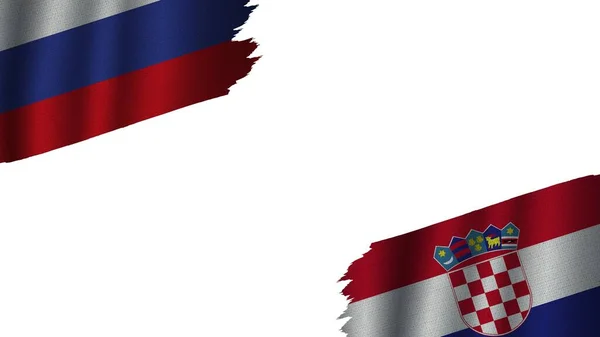 Croatia Russia Flags Together Wavy Fabric Texture Effect Obsolete Torn — стокове фото