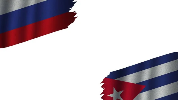 Flagi Kuby Rosji Razem Efekt Tekstury Falistej Tkaniny Przestarzały Rozdarty — Zdjęcie stockowe