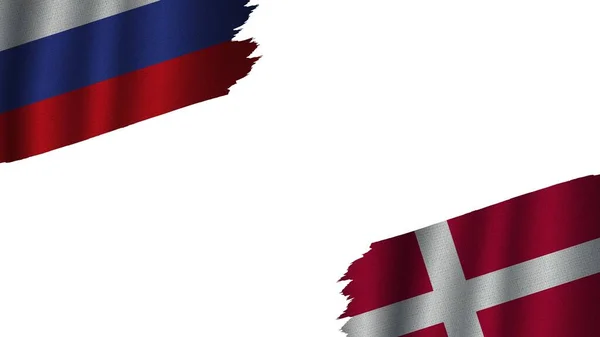 Denmark Russia Flags Together Wavy Fabric Texture Effect Obsolete Torn — стокове фото