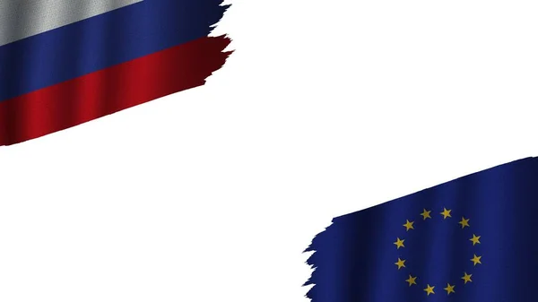 Europeiska Unionen Och Ryssland Flaggor Tillsammans Vågig Textur Effekt Föråldrad — Stockfoto