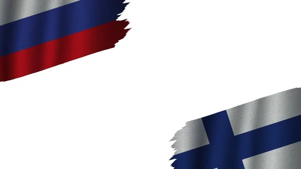 Finlandiya Rusya Bayrakları Birlikte Dalgalı Kumaş Doku Efekti Eskimiş Yırtık — Stok fotoğraf