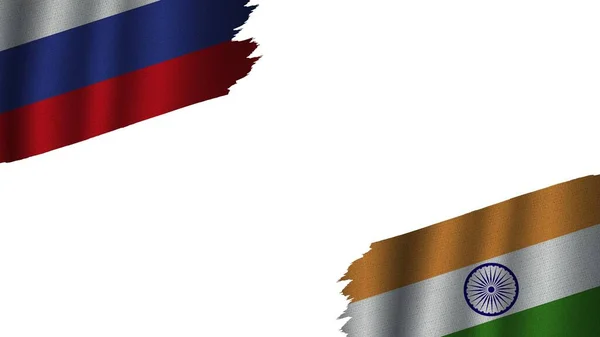 印度和俄罗斯国旗连在一起 波威面料效果 陈旧不堪 危机概念 3D图解 — 图库照片