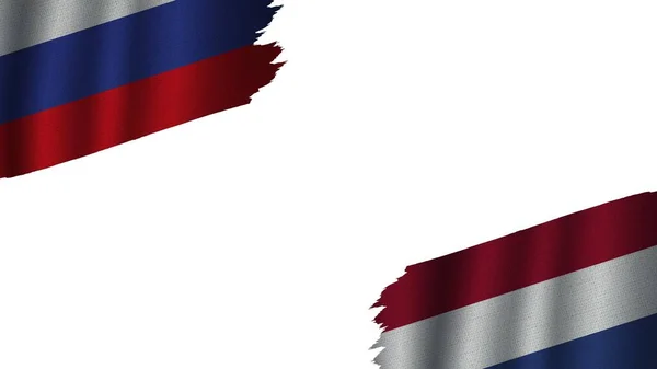 Netherlands Russia Flags Together Wavy Fabric Texture Effect Obsolete Torn — Stock Photo, Image