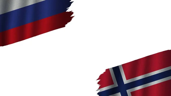 Bandeiras Noruega Rússia Juntas Efeito Textura Tecido Ondulado Obsoleto Rasgado — Fotografia de Stock