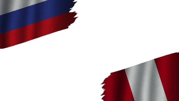 Peru Russia Flags Together Wavy Fabric Texture Effect Obsolete Torn — стокове фото