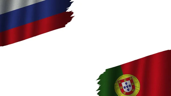 Bandeiras Portugal Rússia Juntas Efeito Textura Tecido Ondulado Obsoleto Rasgado — Fotografia de Stock