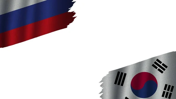 Bandeiras Coreia Sul Rússia Juntas Efeito Textura Tecido Ondulado Obsoleto — Fotografia de Stock