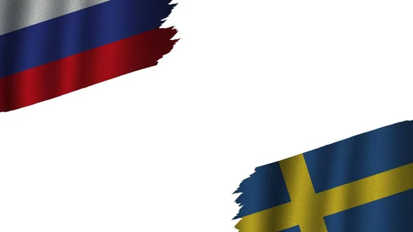 Sweden Russia Flags Together Wavy Fabric Texture Effect Obsolete Torn — Stock Photo, Image