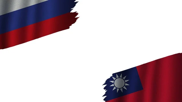 Taiwan Russia Flags Together Wavy Fabric Texture Effect Obsolete Torn — Stock Photo, Image