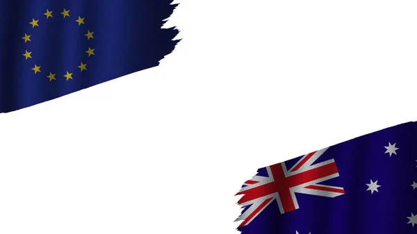 Avustralya Avrupa Birliği Bayrakları Dalgalı Kumaş Doku Efekti Eskimiş Yırtık — Stok fotoğraf