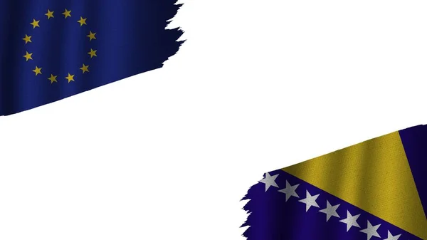 Bosznia Hercegovina Európai Unió Zászlói Együtt Hullámos Szövet Textúra Hatás — Stock Fotó
