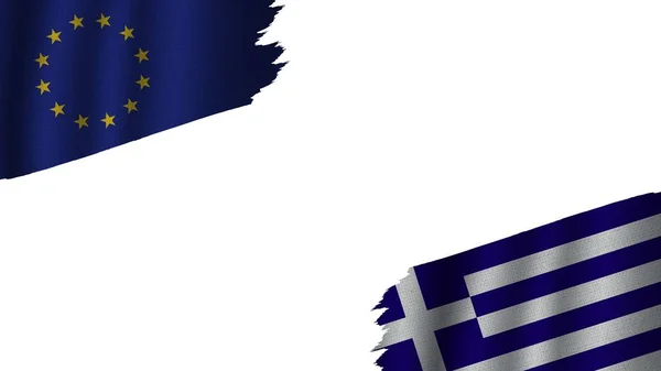 Griekenland Vlaggen Van Europese Unie Samen Golvend Textiel Effect Verouderd — Stockfoto