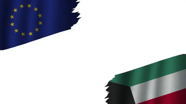 科威特和欧洲联盟旗帜一起 波威织物纹理效果 过时的托恩风化 危机概念 3D说明 — 图库照片