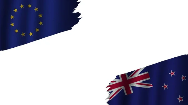 Νέα Ζηλανδία Και Ευρωπαϊκή Ένωση Σημαίες Μαζί Κυματιστό Φαινόμενο Ύφασμα — Φωτογραφία Αρχείου