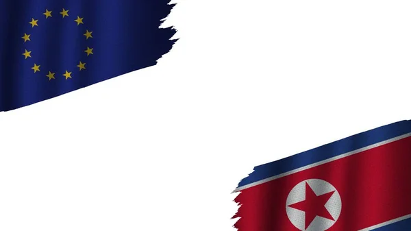 Nordkorea Och Europeiska Unionen Flaggor Tillsammans Vågig Textur Effekt Föråldrade — Stockfoto