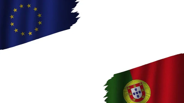 Bandeiras Portugal União Europeia Juntas Efeito Textura Tecido Ondulado Obsoleto — Fotografia de Stock