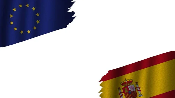 Spanya Avrupa Birliği Bayrakları Birlikte Dalgalı Kumaş Doku Efekti Eskimiş — Stok fotoğraf
