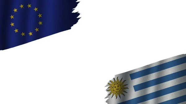 Uruguay Európai Unió Zászlók Együtt Hullámos Szövet Textúra Hatása Elavult — Stock Fotó