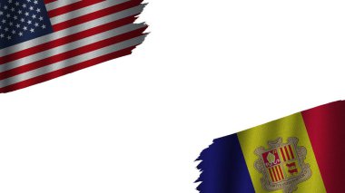 Andorra ve Amerika Birleşik Devletleri ABD Bayrakları, Dalgalı Kumaş Doku Efekti, Eskimiş Yırtık Havası, Kriz Konsepti, 3D İllüstrasyon