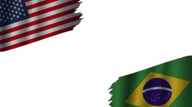 Brezilya ve Amerika Birleşik Devletleri ABD Bayrakları, Dalgalı Kumaş Doku Efekti, Eskimiş Havası, Kriz Konsepti, 3D İllüstrasyon