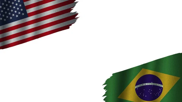 Brezilya ve Amerika Birleşik Devletleri ABD Bayrakları, Dalgalı Kumaş Doku Efekti, Eskimiş Havası, Kriz Konsepti, 3D İllüstrasyon