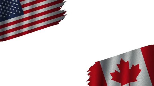 加拿大和美利坚合众国国旗连在一起 波威织物纹理效果 陈旧不堪 危机概念 3D图解 — 图库照片