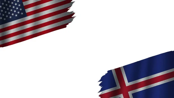 Iceland United States America Usa Flags Together Wavy Fabric Texture — Stock Photo, Image