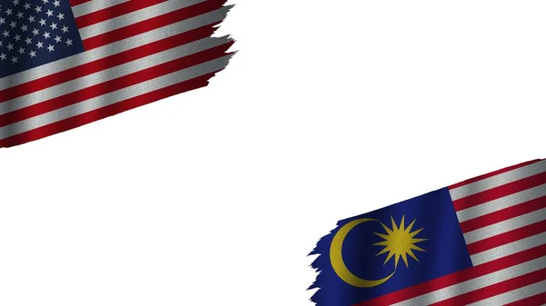 マレーシアと米国アメリカの国旗一緒に 波布テクスチャ効果 不完全な回転風化 危機概念 3Dイラスト — ストック写真