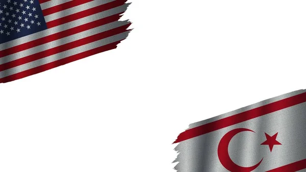 北キプロスと米国アメリカ国旗一緒に 波布テクスチャ効果 不完全なトーン風化 危機の概念 3Dイラスト — ストック写真