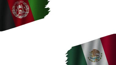 Meksika ve Afganistan Bayrakları Birlikte, Dalgalı Kumaş Doku Efekti, Eskimiş Yıpranmış Yırtık, Kriz Konsepti, 3 boyutlu İllüstrasyon
