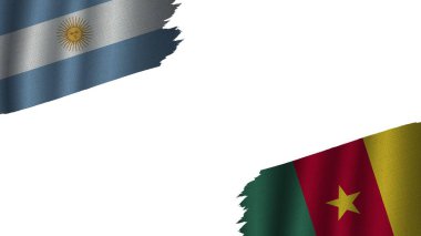 Kamerun ve Arjantin Bayrakları Birlikte, Dalgalı Kumaş Doku Efekti, Eskimiş Havası, Kriz Konsepti, 3D İllüstrasyon