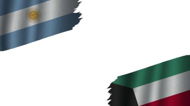 Kuveyt ve Arjantin Bayrakları Birlikte, Dalgalı Kumaş Doku Efekti, Eskimiş Yırtık Havası, Kriz Konsepti, 3D İllüstrasyon