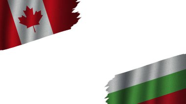 Bulgaristan ve Kanada Bayrakları Birlikte, Dalgalı Kumaş Doku Efekti, Eskimiş Yırtık, Kriz Konsepti, 3D İllüstrasyon
