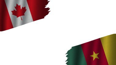 Kamerun ve Kanada Bayrakları Birlikte, Dalgalı Kumaş Doku Efekti, Eskimiş Yırtık Hava, Kriz Konsepti, 3D İllüstrasyon